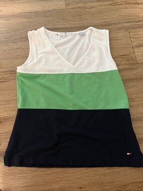 Tommy Hilfiger White, Green & Black Colorblock V‑Neck Tank